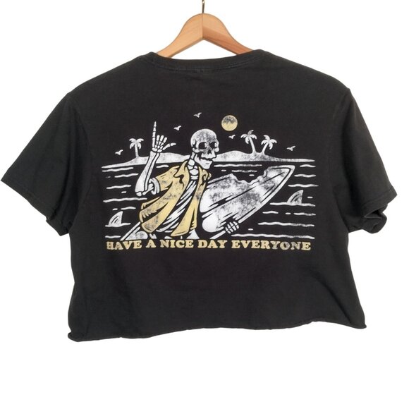 Call Your Mother Cropped Shirt Medium Skeleton Surfer Have A Nice Day Everyone - Picture 1 of 11